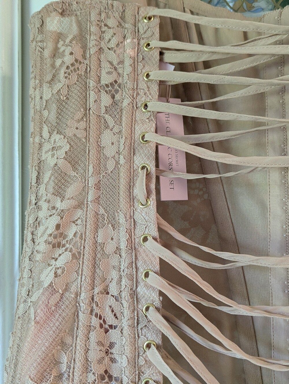 🩷🆕VS The Classic Corset Praline Lace Fitted Top with Lace-Up Back Gold Bodycon - Picture 12 of 16